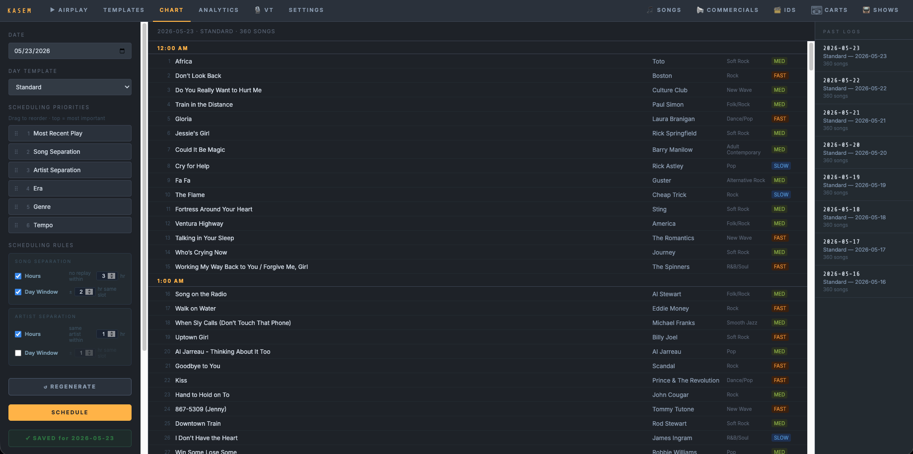 CHART AI scheduler generating a broadcast log