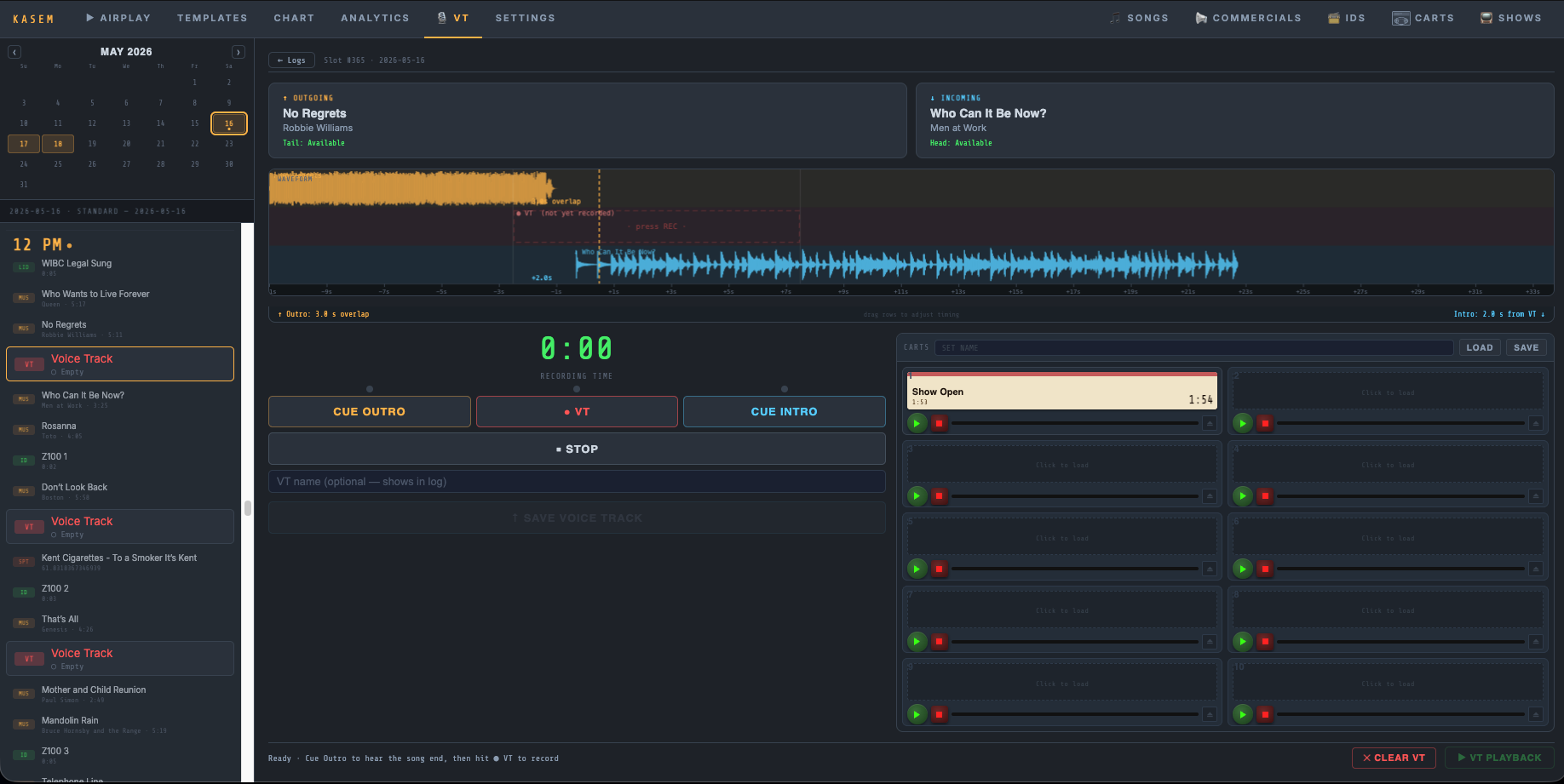 Voice track studio with dual waveforms and cart panel